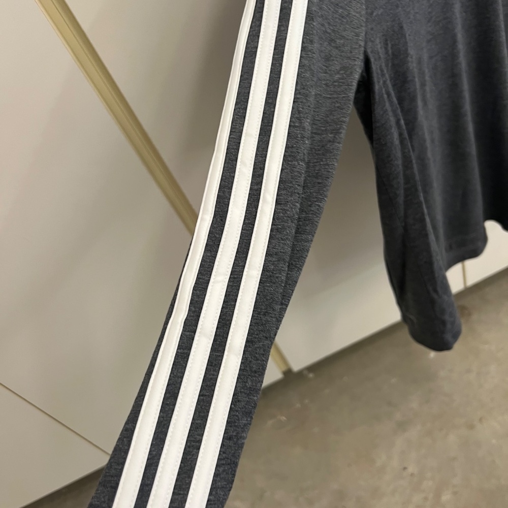 Adidas- Women's Charcoal Gray/White (3) Stripe Long Sleeve Tee with Hoodie - Picture 10 of 11
